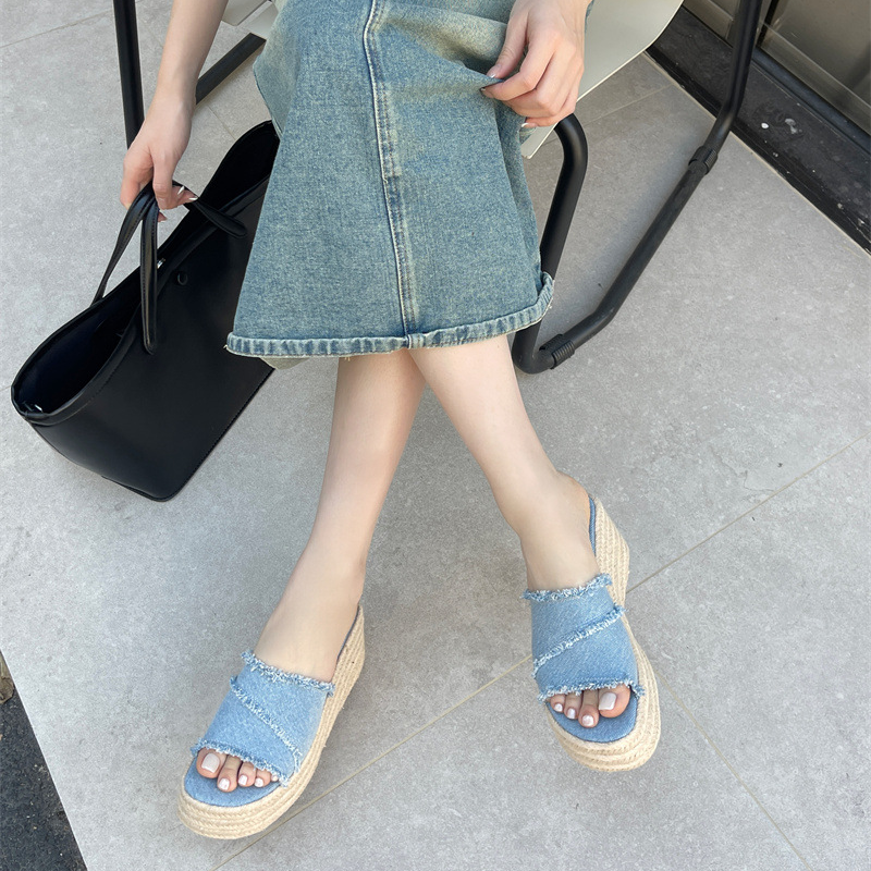 Frayed Denim Espadrille Wedge Slide Sandals