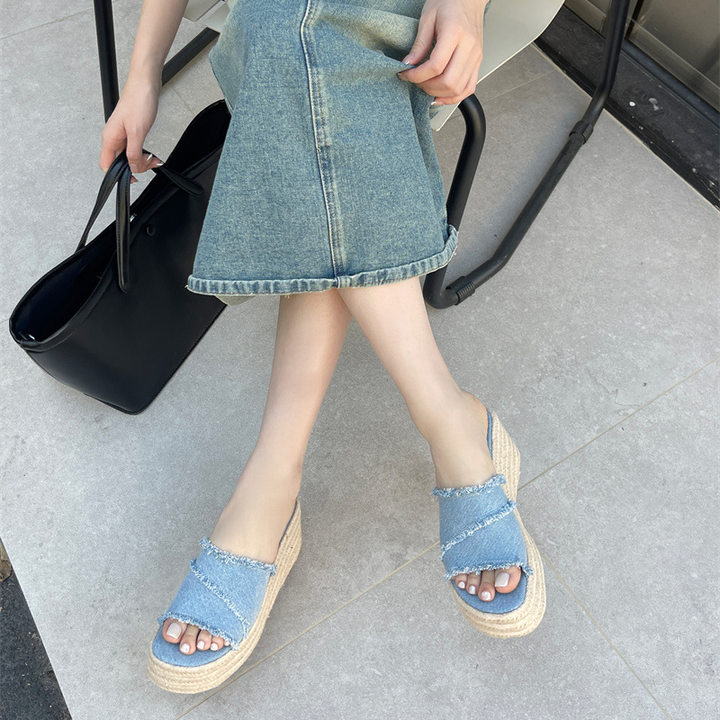 Frayed Denim Espadrille Wedge Slide Sandals