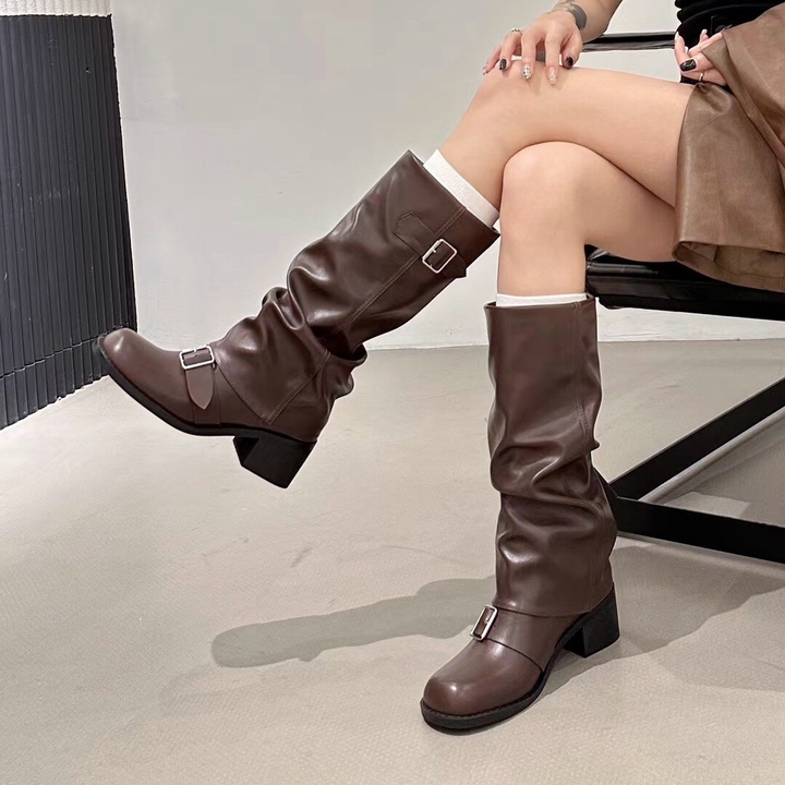 Women Slouchy Buckle Knee High Boots