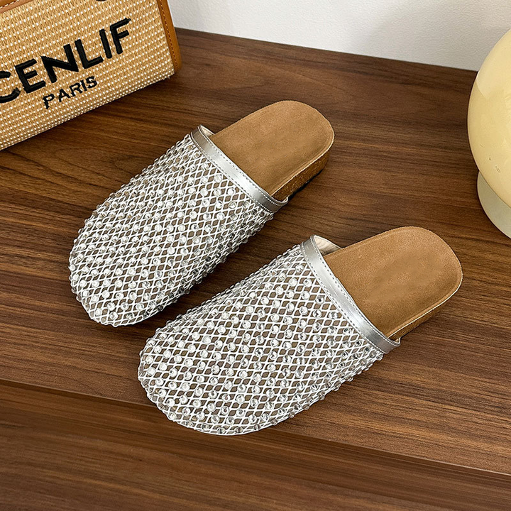 Shiny Mesh Rhinestone Open Back Mules