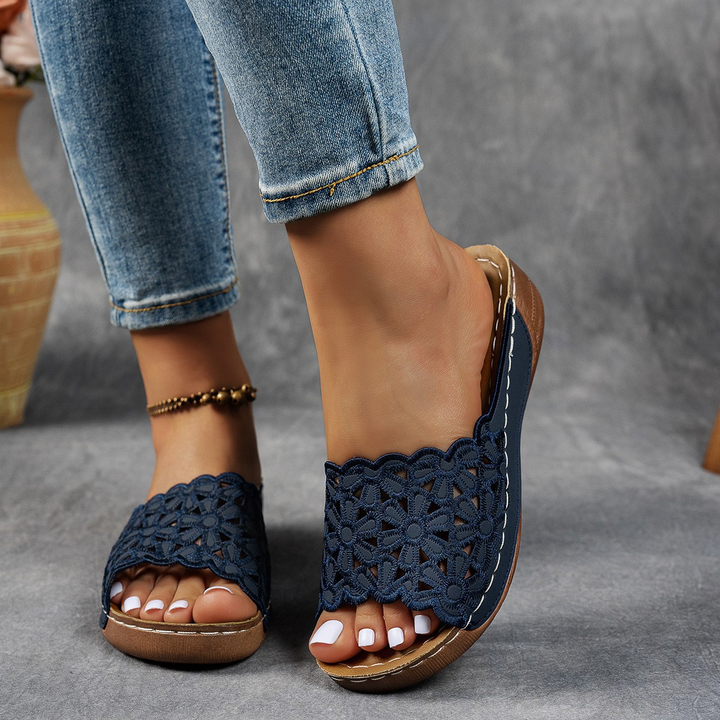 vintage hollow flower platform wedge casual slippers