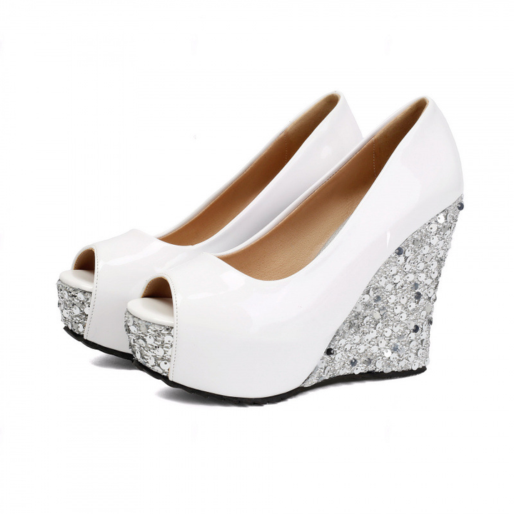 Sequin Wedge Peep Toe Platform Heels