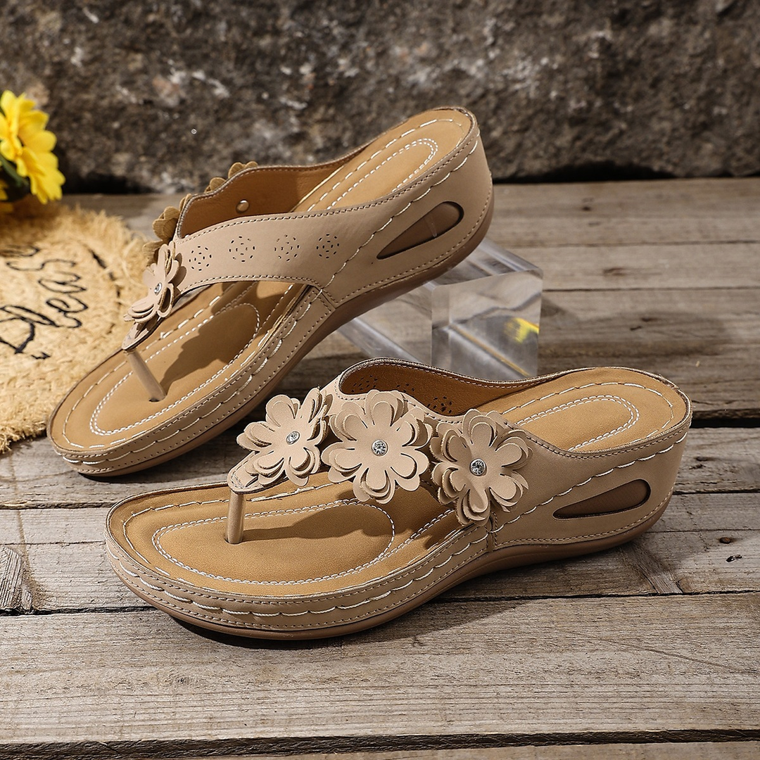 Floral Decor Wedge Heel Flip Flop Sandals
