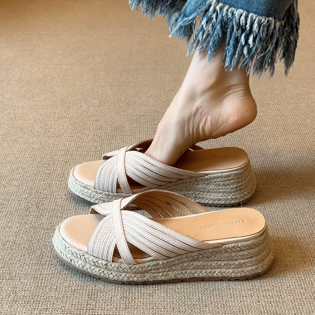 Cross Strap Espadrille Wedge Slide Sandals