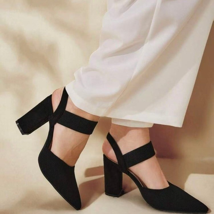 Pointed Toe Elastic Strap Block Heels