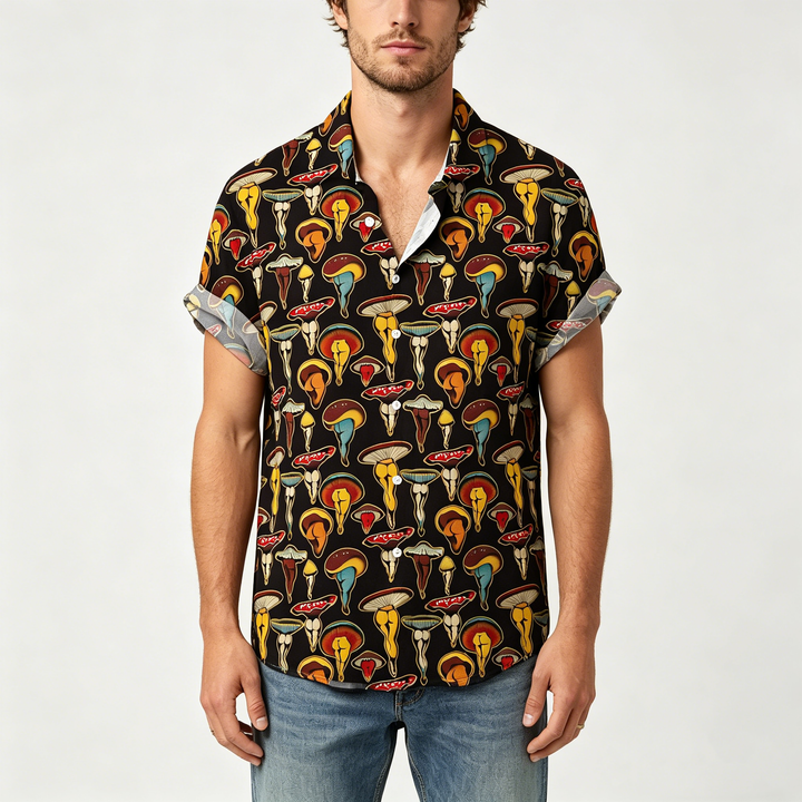Vintage  Print Short Sleeve Button Up Shirt