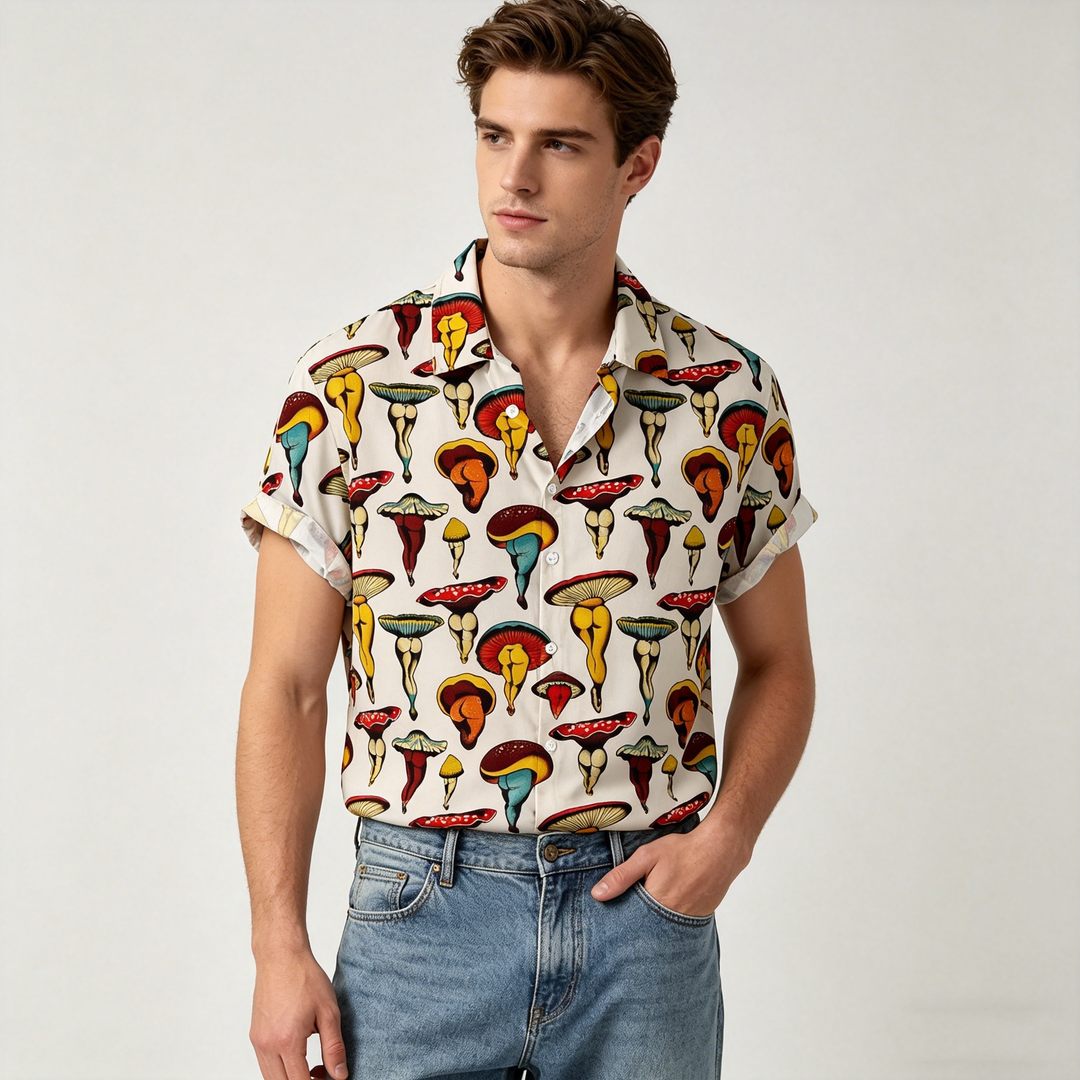 Vintage  Print Short Sleeve Button Up Shirt