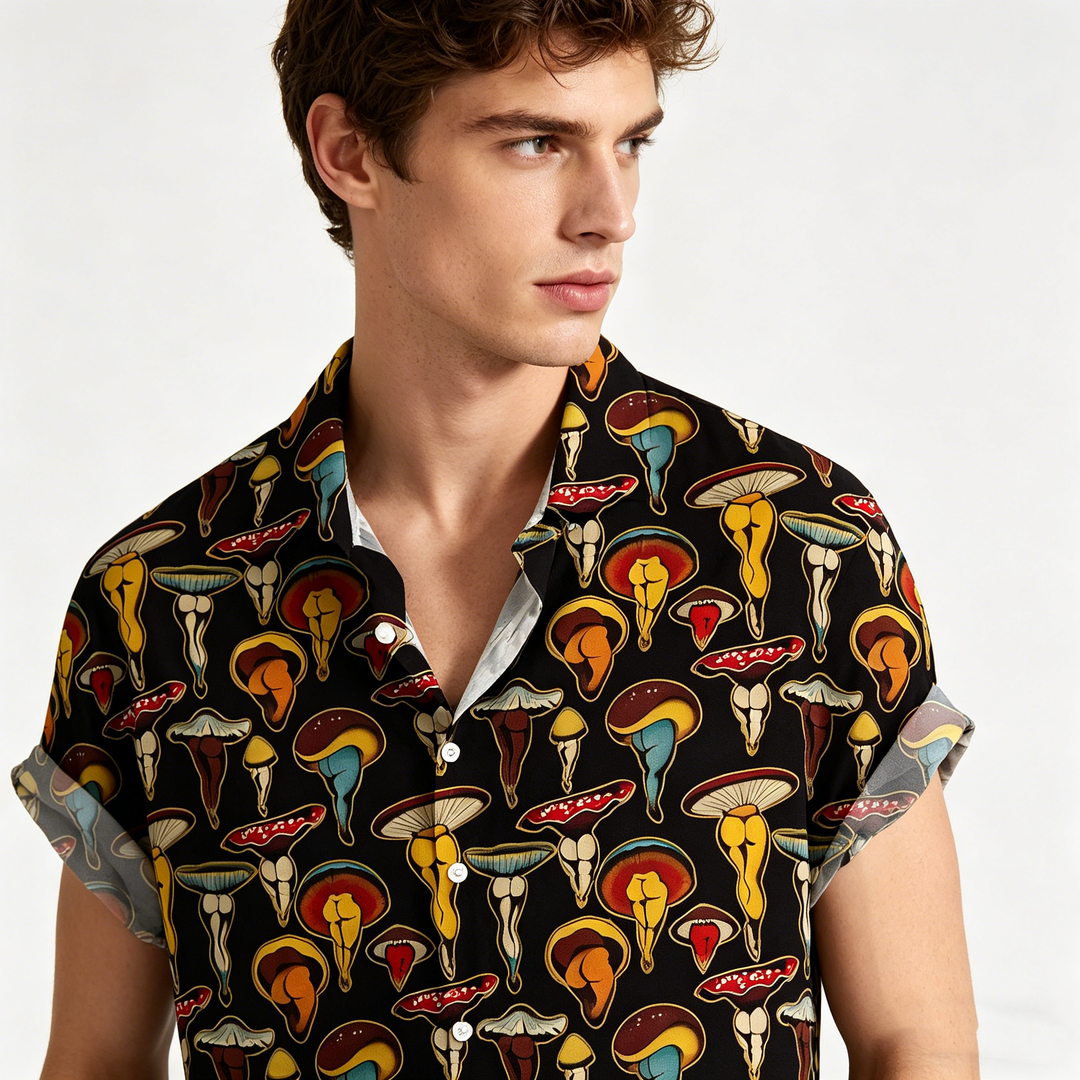 Vintage  Print Short Sleeve Button Up Shirt