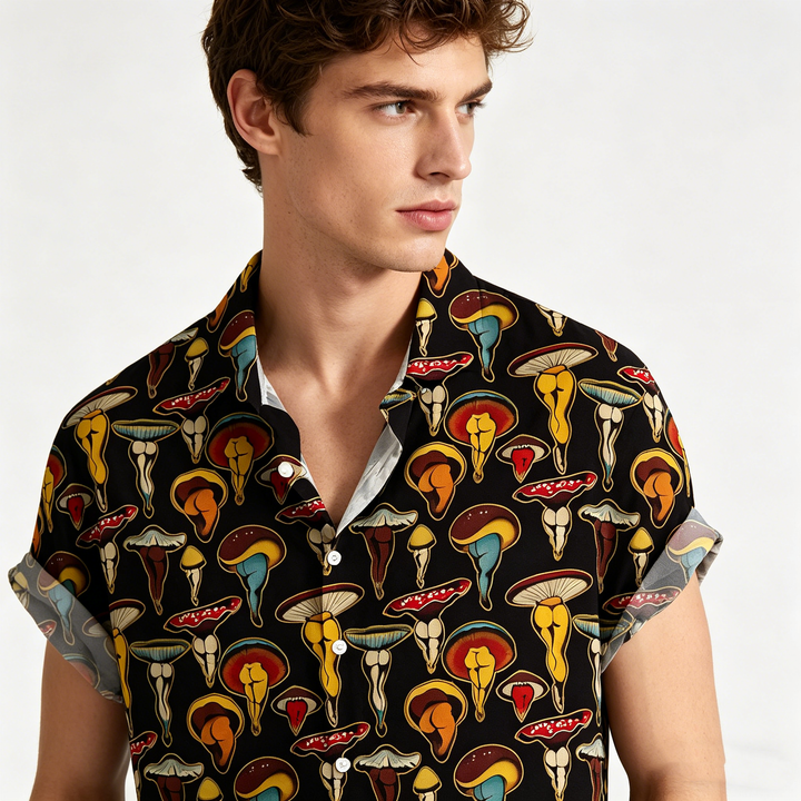 Vintage  Print Short Sleeve Button Up Shirt