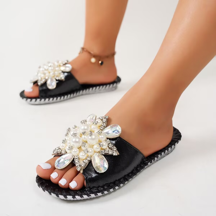 Floral Pearl Slip On Flat Slides