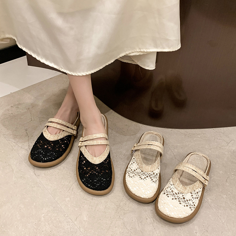 Vintage Hollow Strap Flat Mules