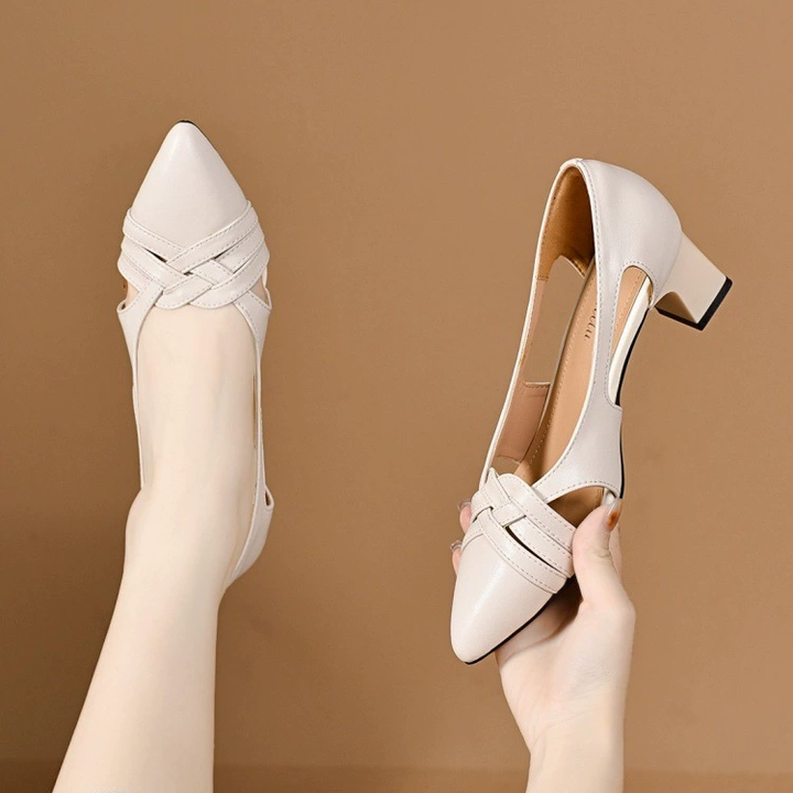 Pointed Toe Cutout Crisscross Strap Block Heel Shoes