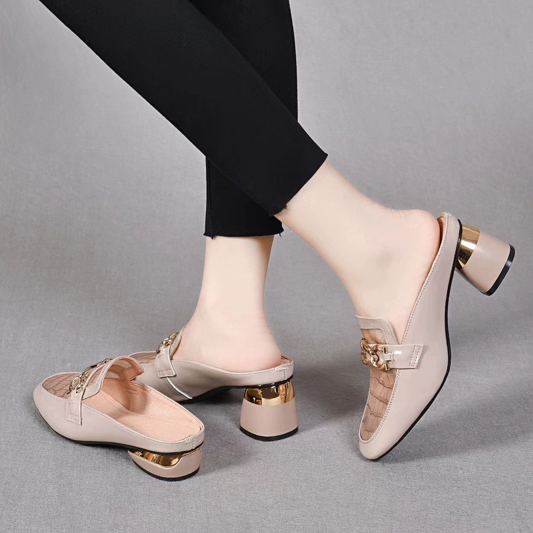 Patent Leather Mesh Chain Slip On Mule Flats