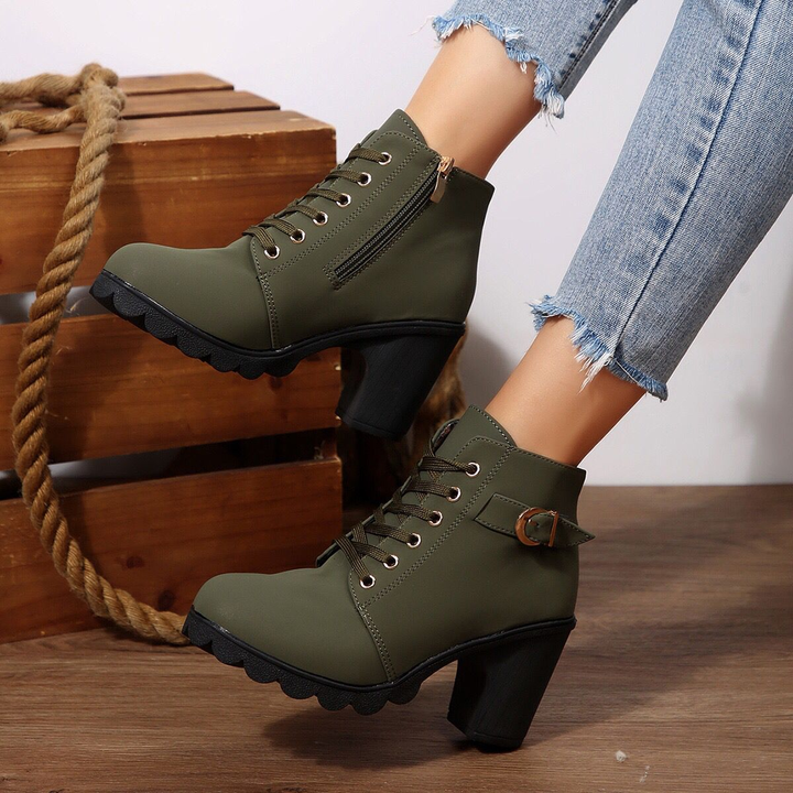 Side Zipper Buckle Strap Block Heel Ankle Boots