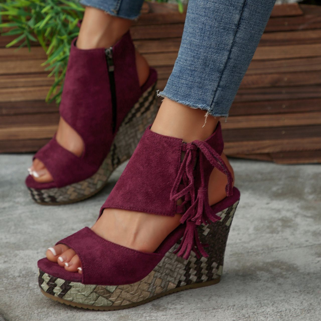 Tassel Lace Up Woven Wedge Ankle Sandals