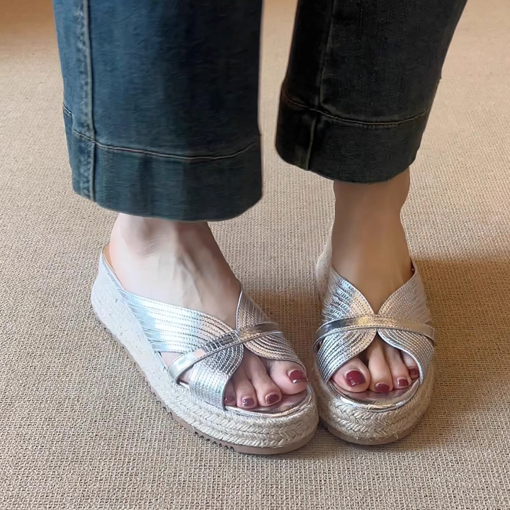 Cross Strap Espadrille Wedge Slide Sandals