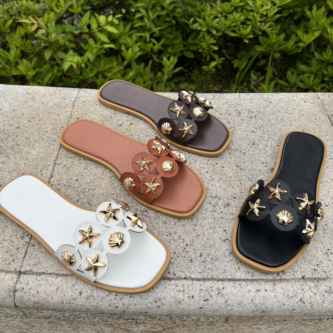 Women Shell Starfish Decor Flat Beach Slide Sandals