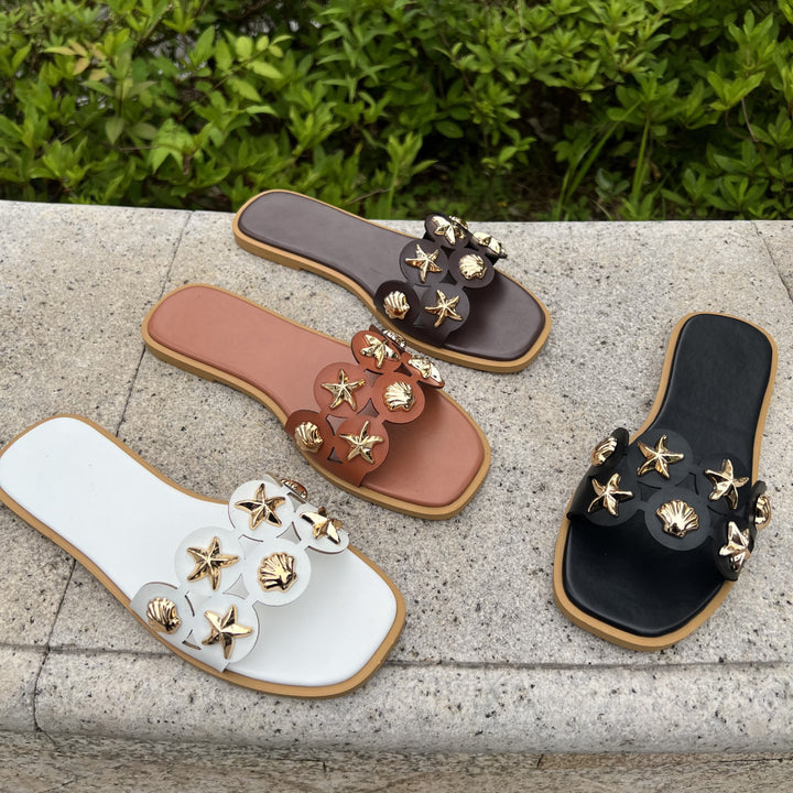 Women Shell Starfish Decor Flat Beach Slide Sandals