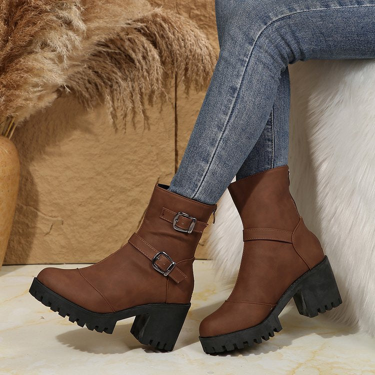Back Zip Block Heel Ankle Booties