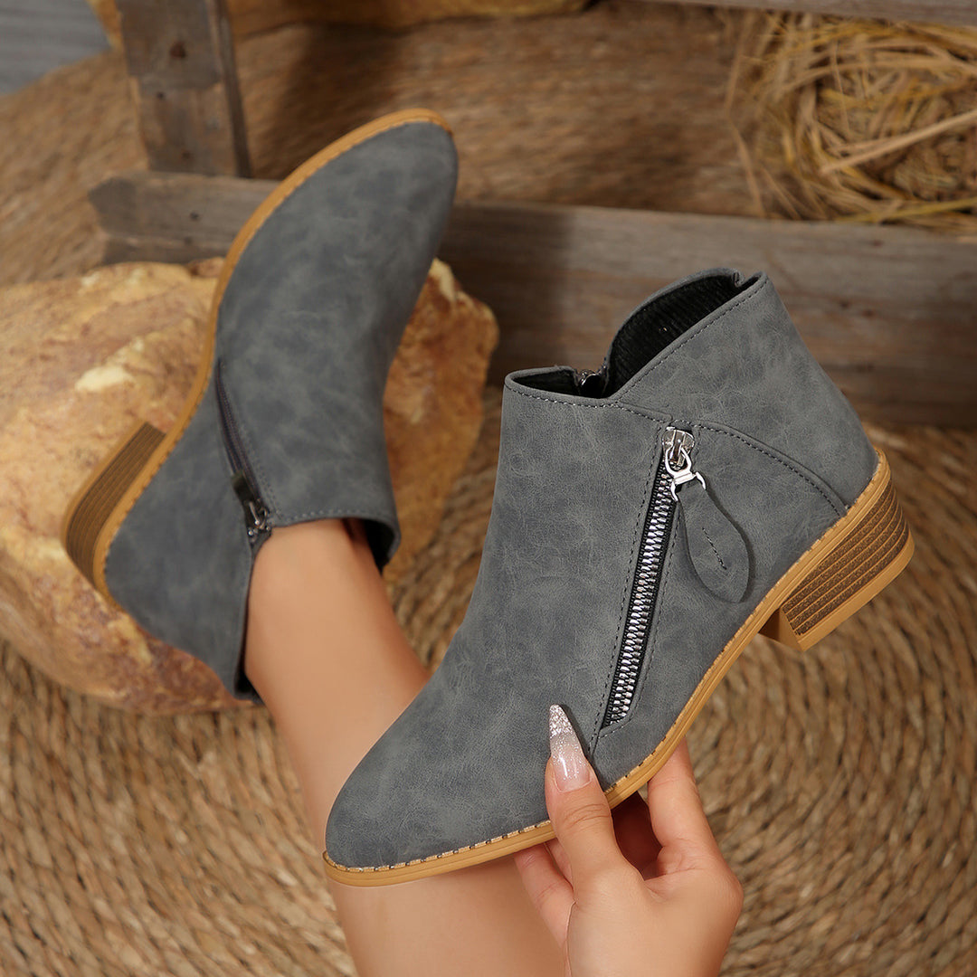 Pointed Toe Side Zip Block Heel Booties
