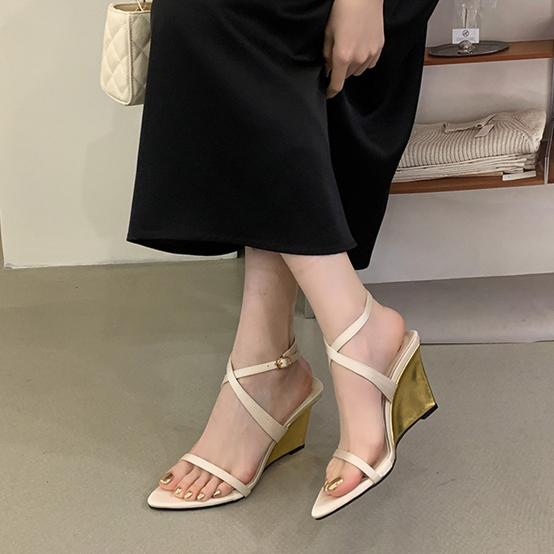 Pointed Toe Gold Wedge Heel Strappy Sandals
