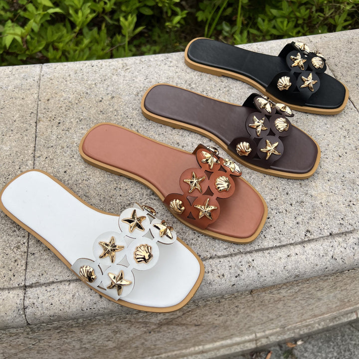 Women Shell Starfish Decor Flat Beach Slide Sandals