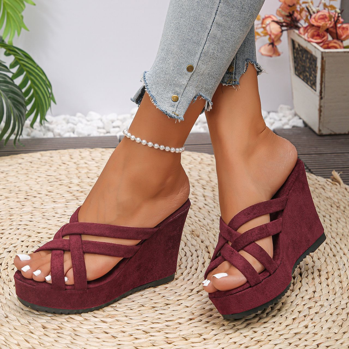 Ladies Slip On Criss Strap Wedge Slide Sandals