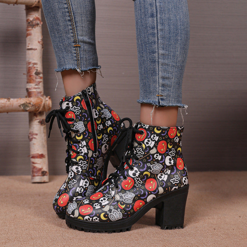 Spooky Skull Print Fashion Short Boots