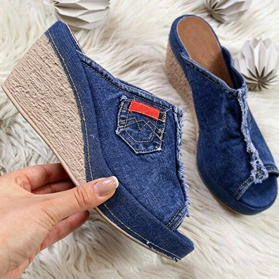 Denim Open-Toe Wedge Sandals