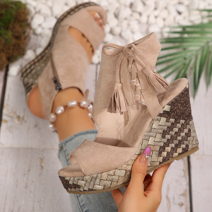 Tassel Lace Up Woven Wedge Ankle Sandals