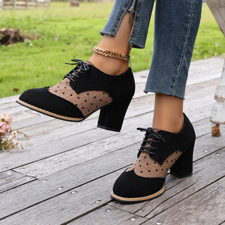 Vintage polka-dot lace-up high-heeled shoes