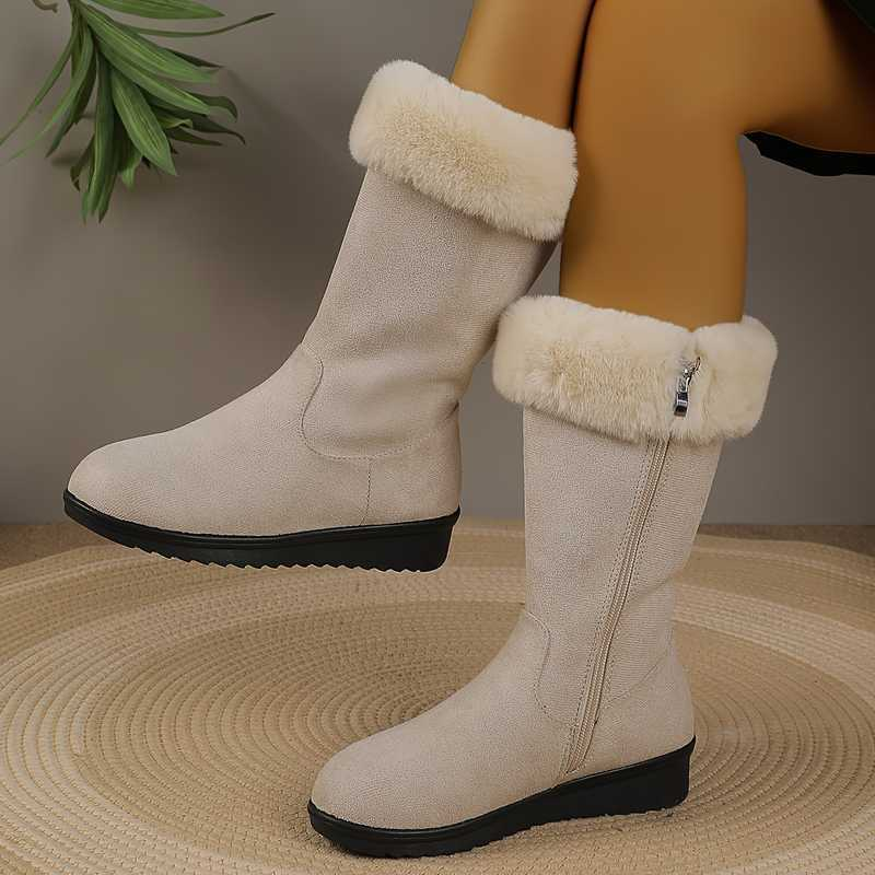 Fur Trim Side Zip Mid Calf Winter Boots