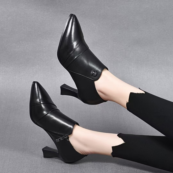 Elegant Pointed Toe Floral Ornament Block Heel Ankle Pumps