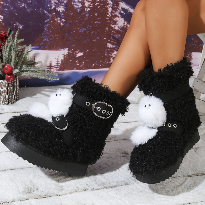 Cute Plush Doll Accent Furry Platform Buckle Ankle Boots