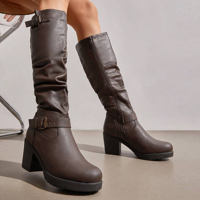 Buckle Ruched Knee High Block Heel Boots