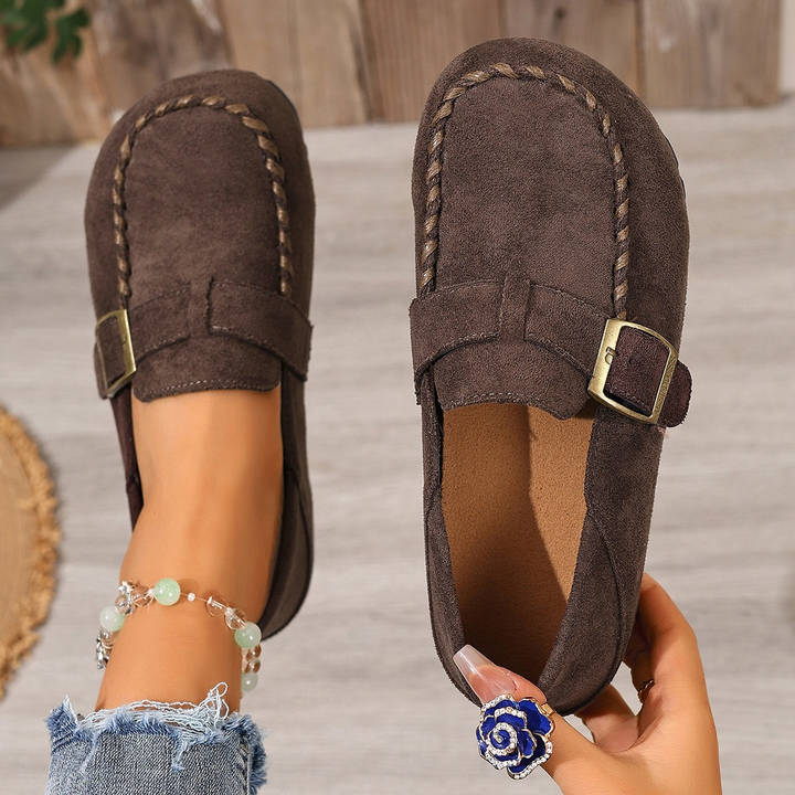 Buckle Decor Stitched Slip On Flat Loafers For Women