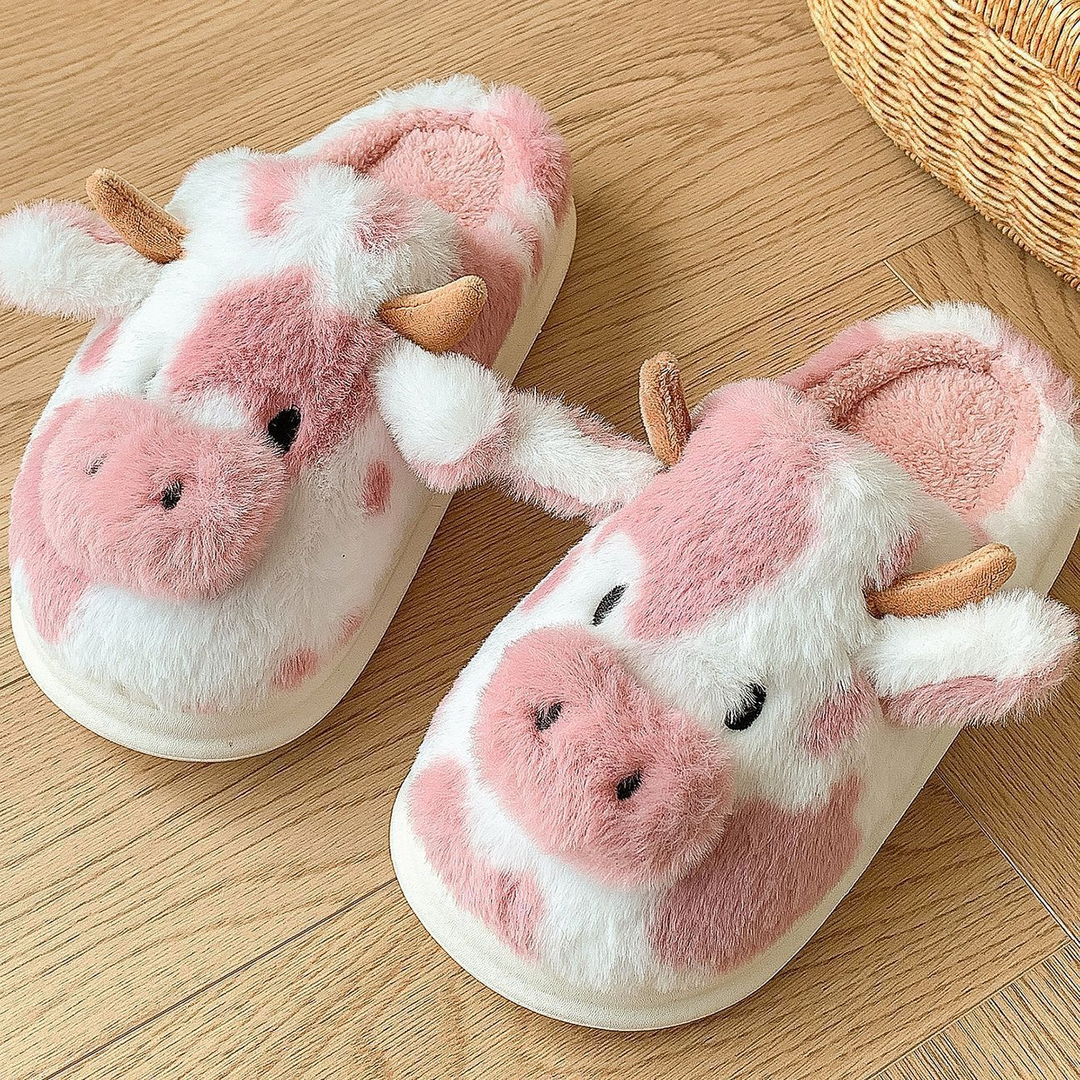 Cartoon Cow Closed Toe Plush Slippers