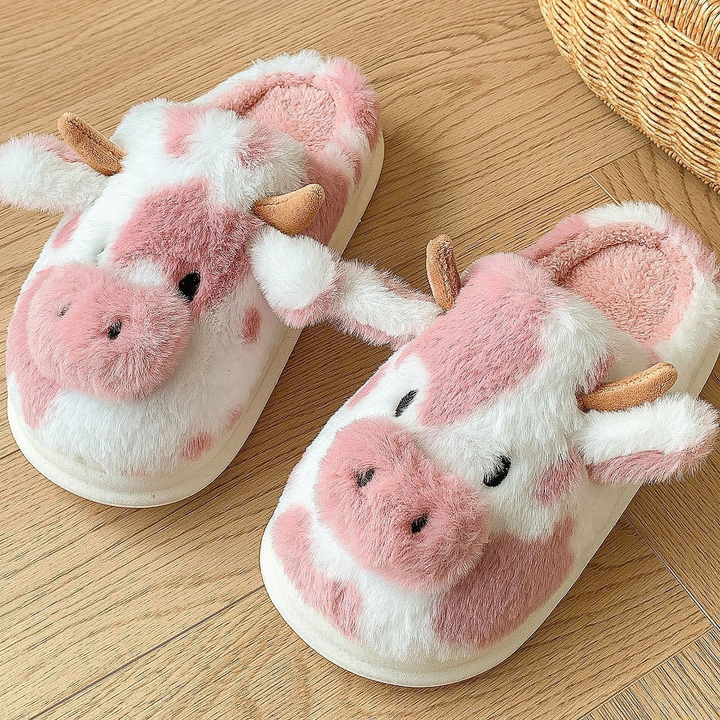 Cartoon Cow Closed Toe Plush Slippers