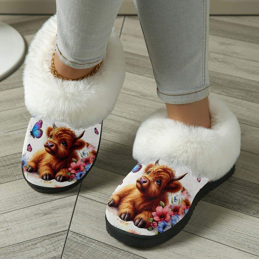 Highland Cow Print Fuzzy Collar Slippers