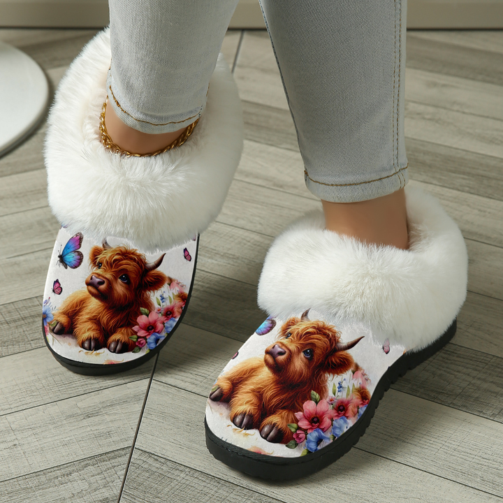 Highland Cow Print Fuzzy Collar Slippers