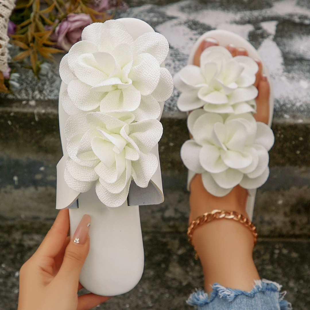Boho Two Big Flower Flat Casual Beach Slide Sandals