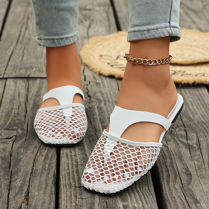 Casual Hollow Mesh T-Strap Open Back Flat Slippers