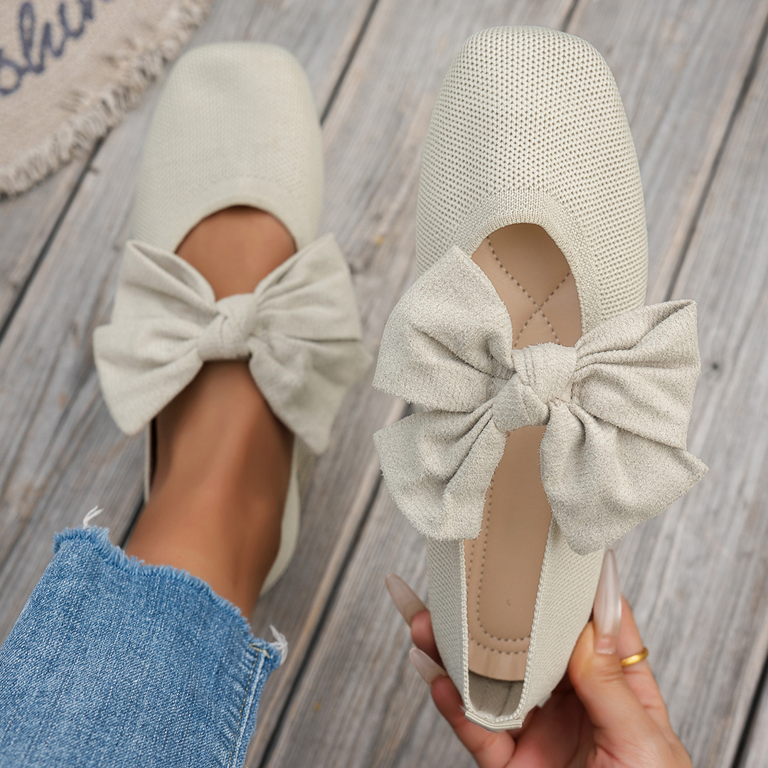 Knit Square Toe Big Bow Decor Flat Ballet Shoes
