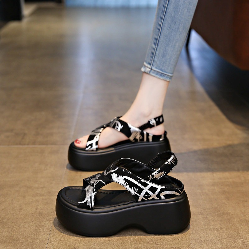 Graffiti Print Cross-Strap Platform Sandals