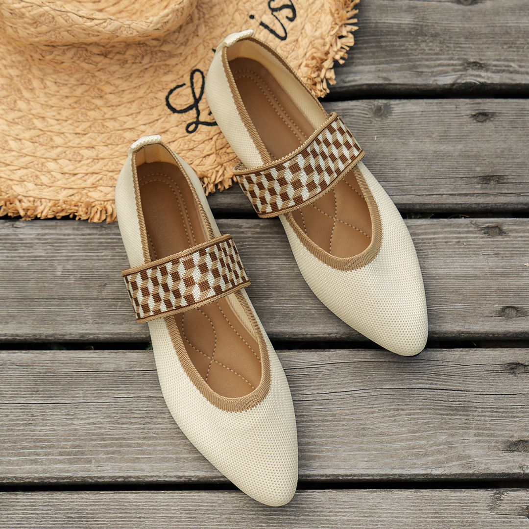 Women Knit Pointed Toe Mary Jane Flat Shoes
