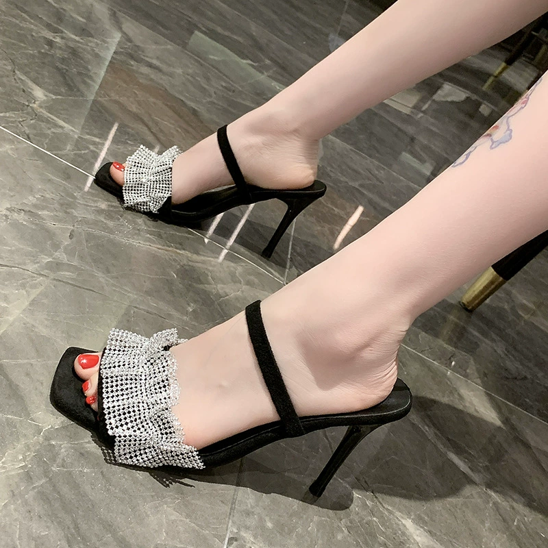 Rhinestone Ruffle Stiletto Heel Slide Sandals