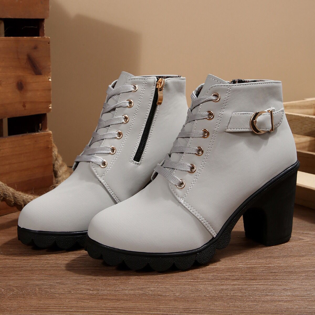 Side Zipper Buckle Strap Block Heel Ankle Boots