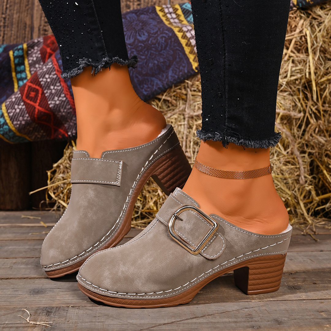 Warm Lined Buckle Decor Block Heel Clogs