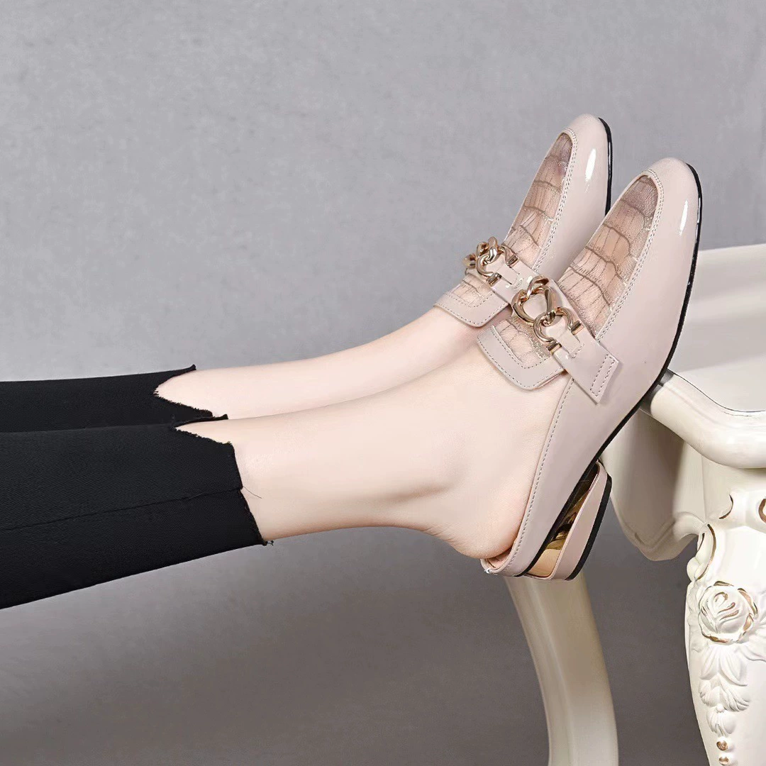 Patent Leather Mesh Chain Slip On Mule Flats