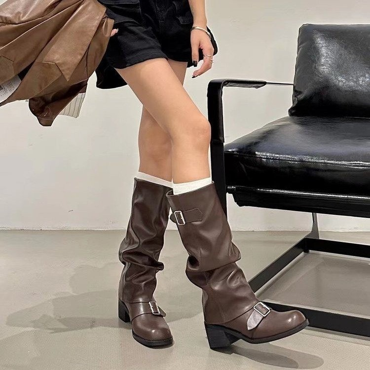 Women Slouchy Buckle Knee High Boots